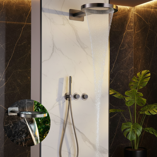 Marino Thermostatic Concealed Shower System — Rain & Waterfall — Gunmetal Grey